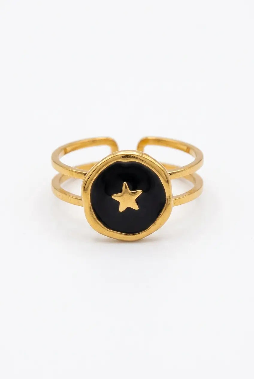 Star enamel disc ring black gold — YUBAMA waterproof 316L stainless steel ring