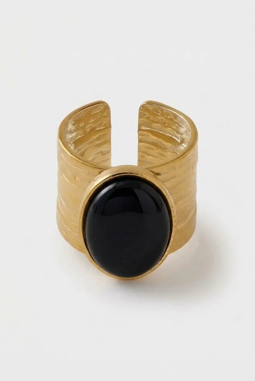 Hammered oval stone ring black gold — YUBAMA waterproof 316L stainless steel open ring