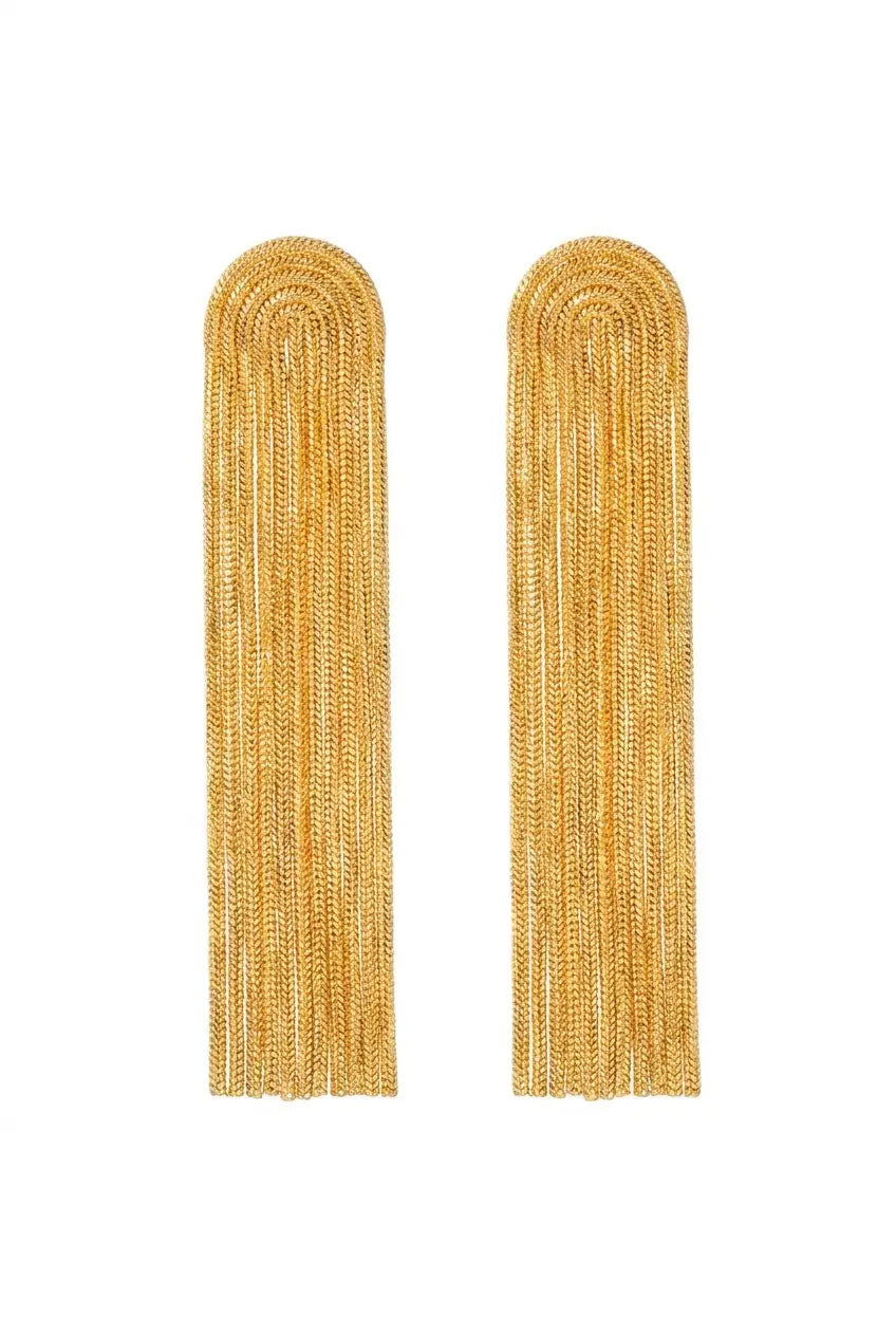 A pair of gold-toned fringe earrings with an arched top detail, shown against a plain white background.