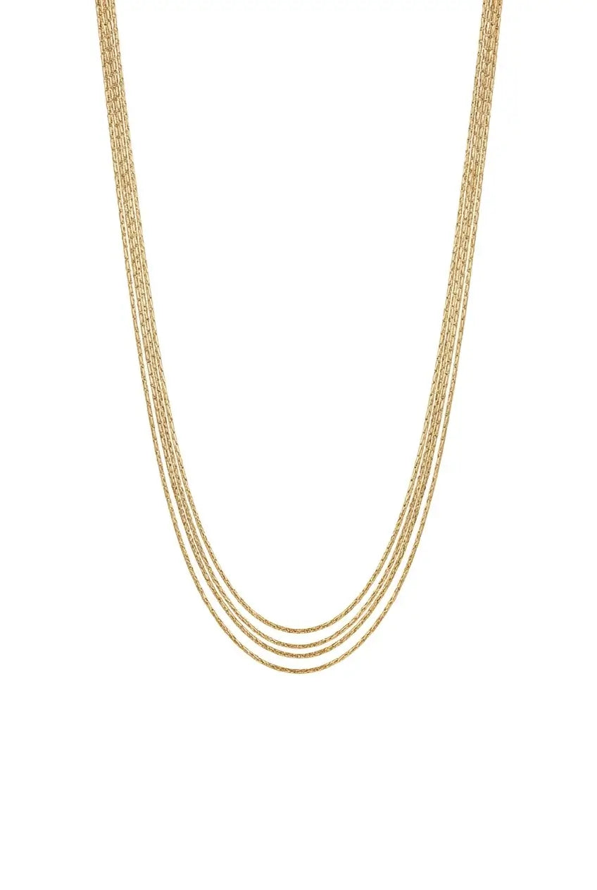 A gold multi-strand snake chain necklace displayed against a solid white background.