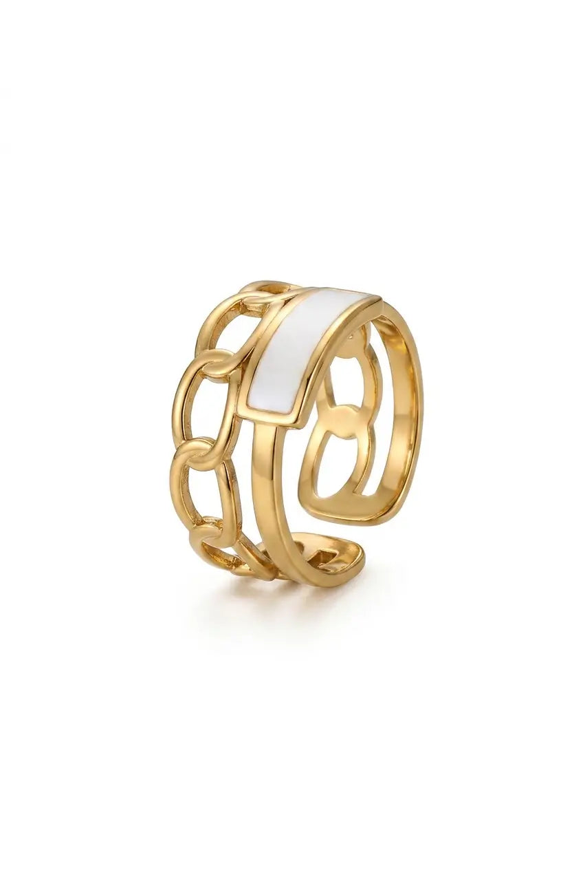 A gold-toned open-link ring with a smooth white inlay, shown on a clean white background.