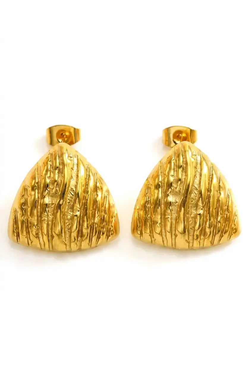 A pair of textured gold triangular stud earrings with a hammered, ribbed surface finish and post backings, shown on a plain white background.