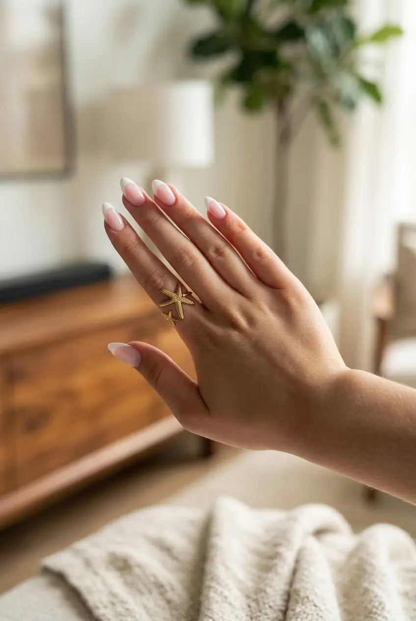 A close-up of a person's hand wearing a small gold starfish ring, set against a softly blurred indoor background with a wooden cabinet and a plant.