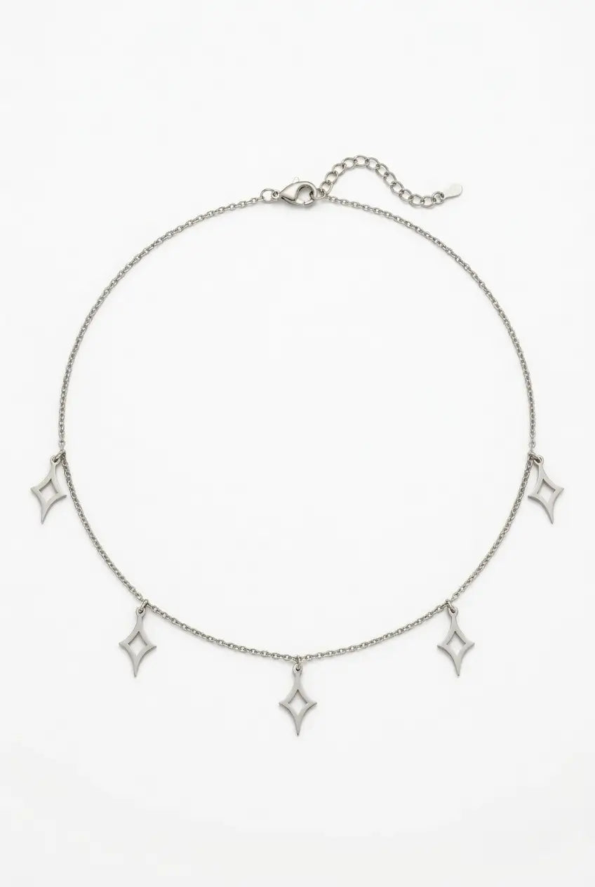 Five star charm station necklace silver — YUBAMA 316L stainless steel star necklace