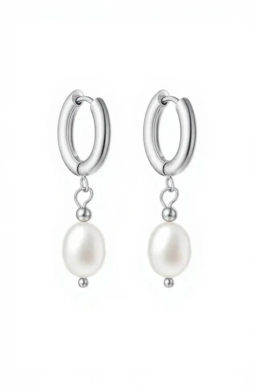 Freshwater pearl huggie drop earrings silver — YUBAMA 316L stainless steel pearl earrings