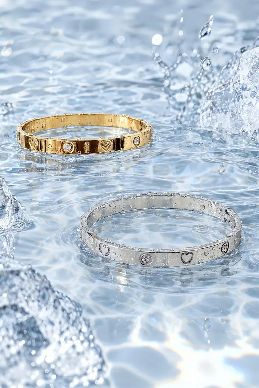 Heart engraved crystal bangle waterproof in water — YUBAMA 316L stainless steel waterproof bangle