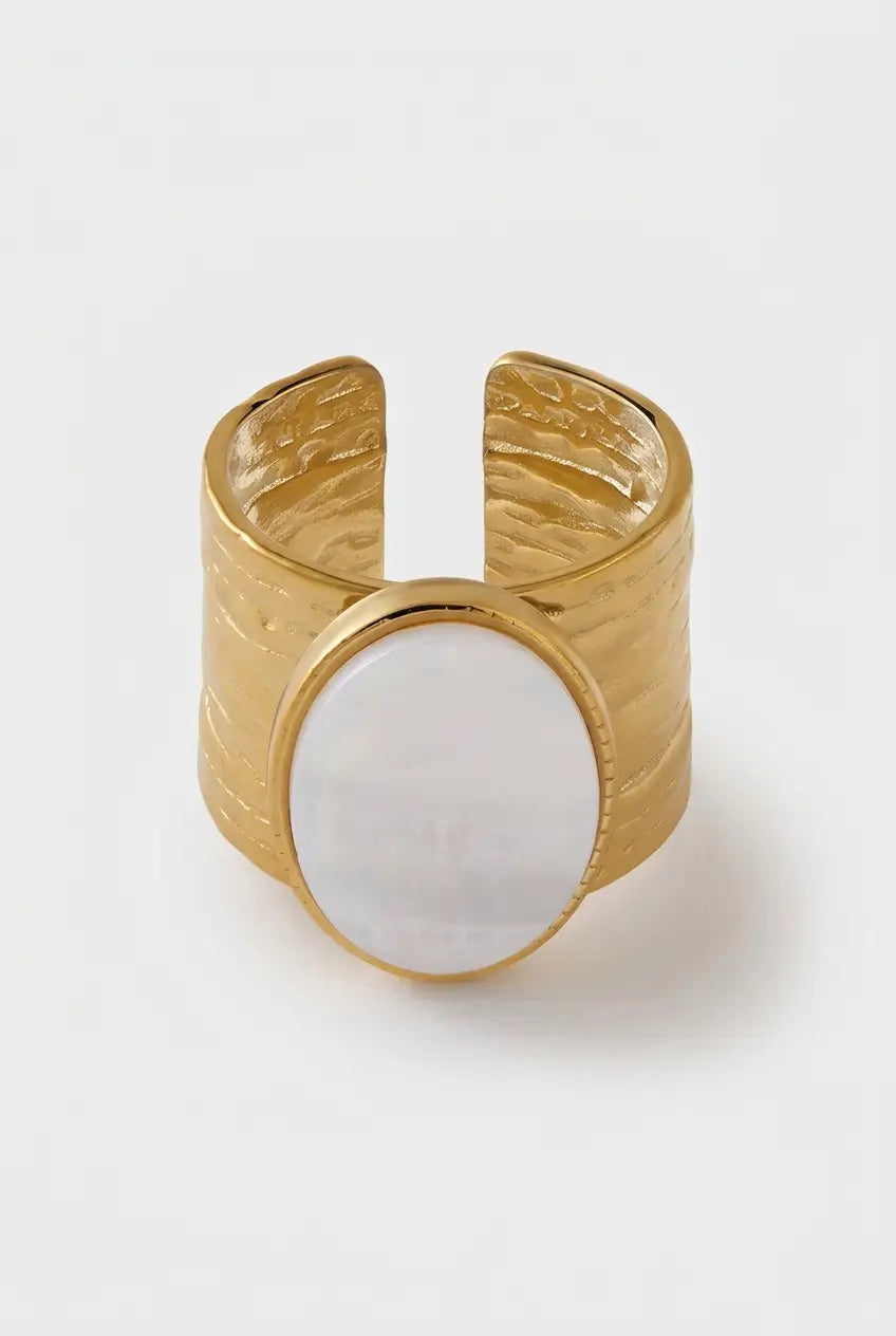 Hammered oval stone ring white gold — YUBAMA waterproof 316L stainless steel adjustable ring
