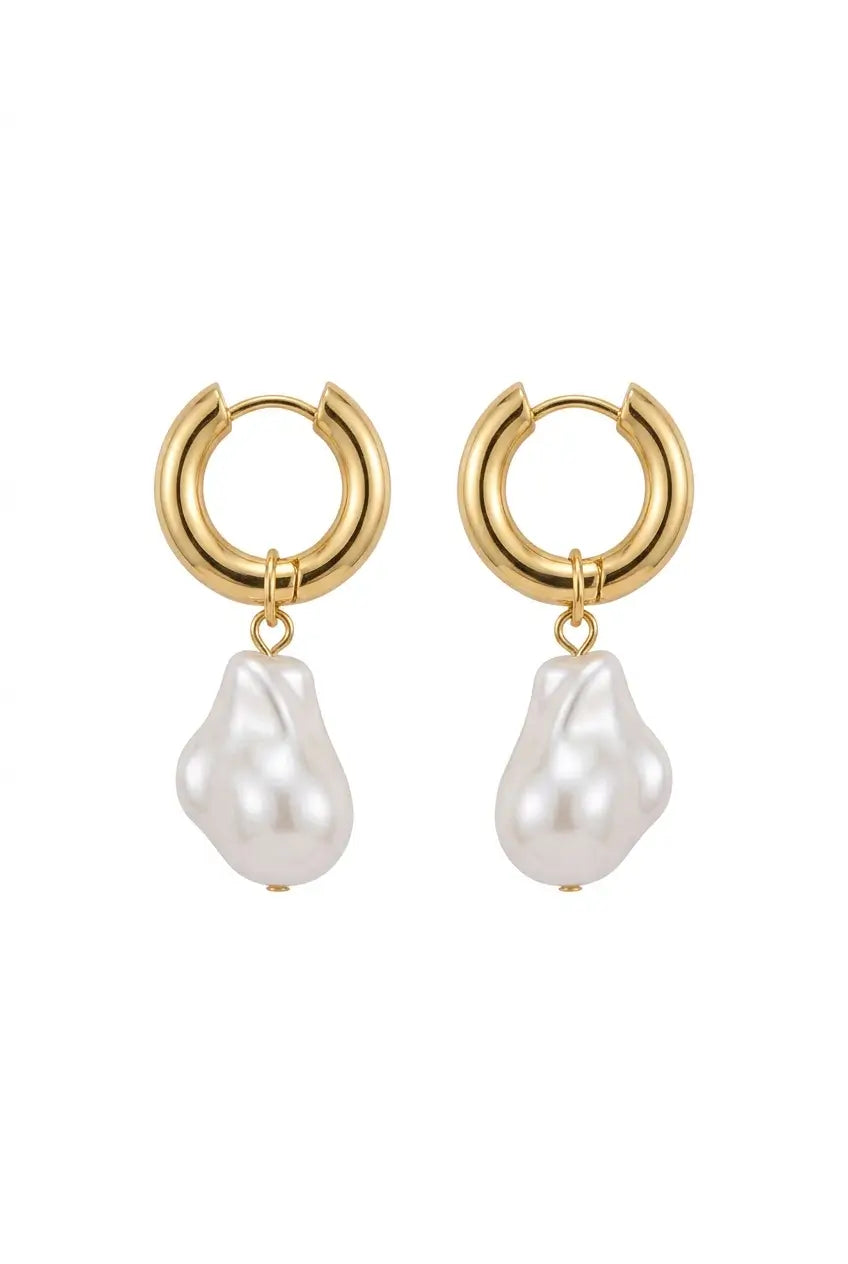 Baroque pearl drop hoop earrings gold — YUBAMA waterproof 316L stainless steel earrings
