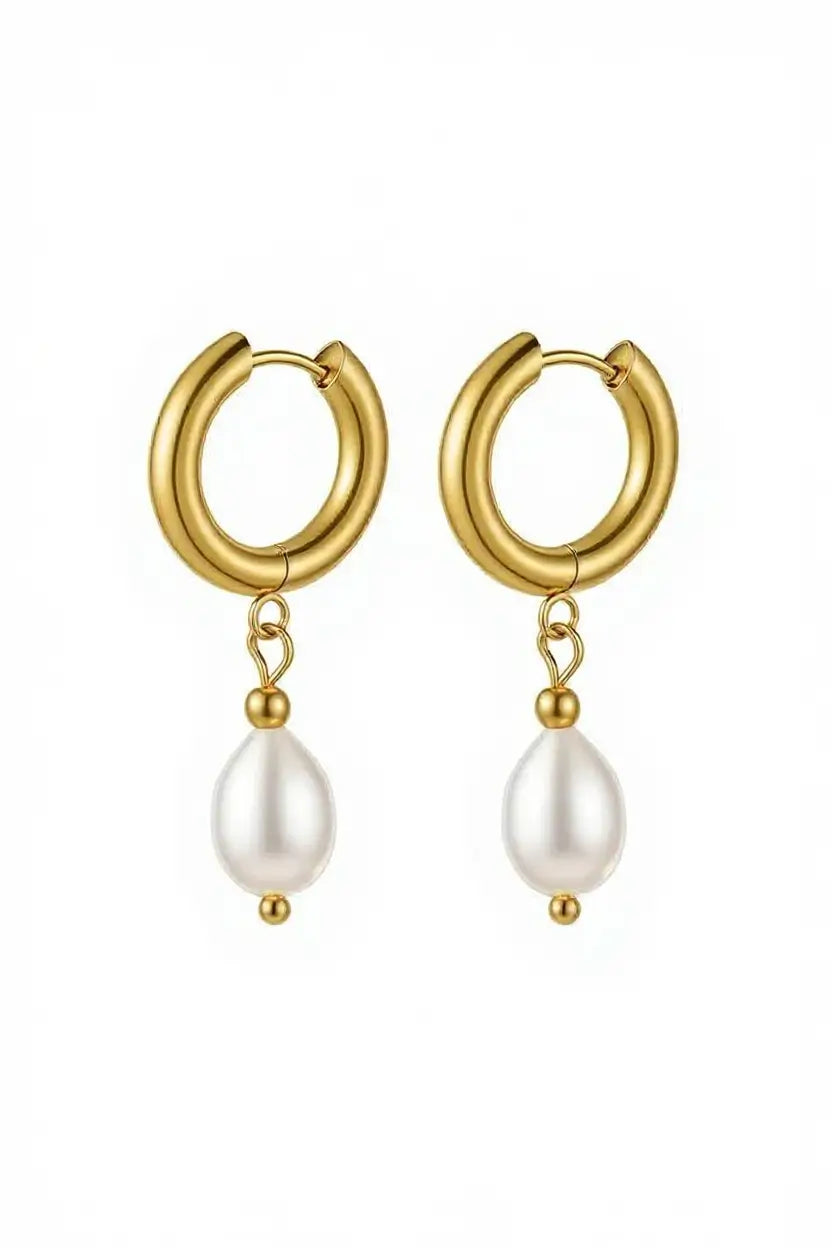 Freshwater pearl huggie drop earrings gold — YUBAMA waterproof stainless steel earrings 1 pair