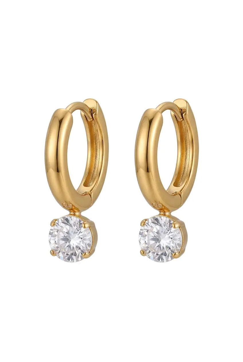 Solitaire crystal huggie hoops gold — YUBAMA waterproof 316L stainless steel earrings 1 pair