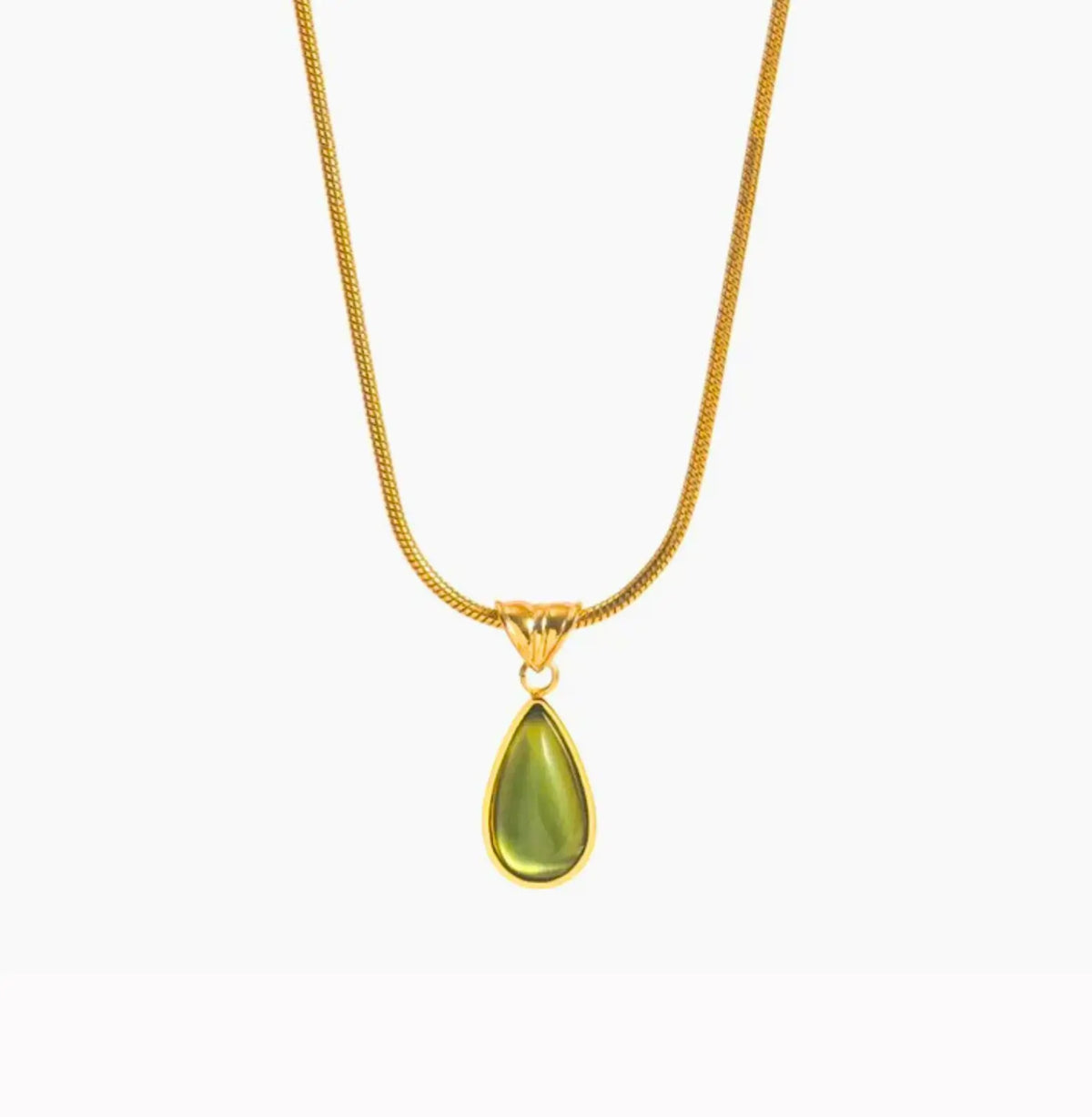 Gem teardrop pendant necklace gold green stone — YUBAMA waterproof 316L stainless steel necklace