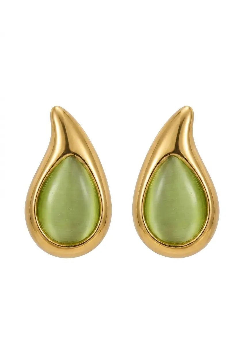 A pair of gold teardrop-shaped stud earrings with smooth, light green cabochon stones, shown on a plain white background.