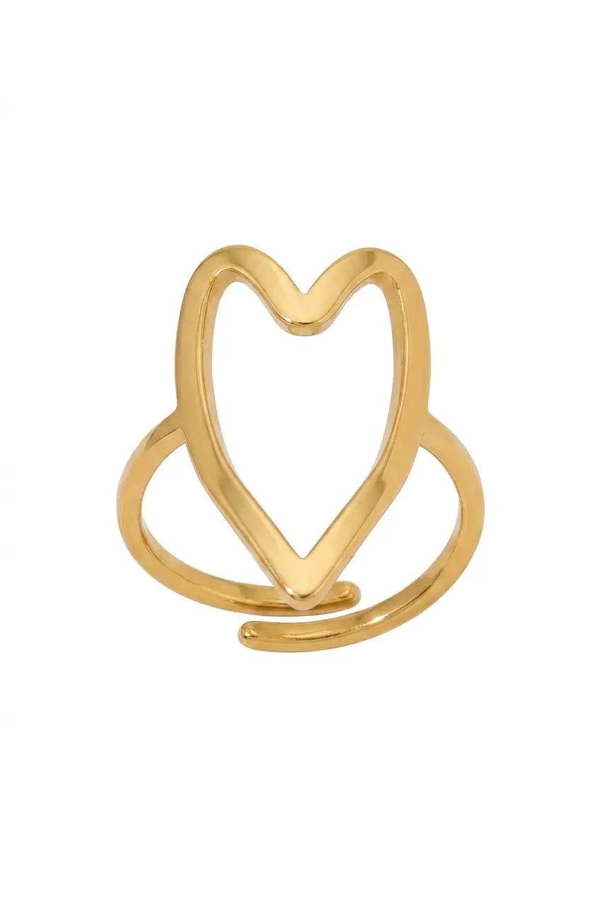 A gold-plated open heart ring with a polished finish, displayed on a clean white background.