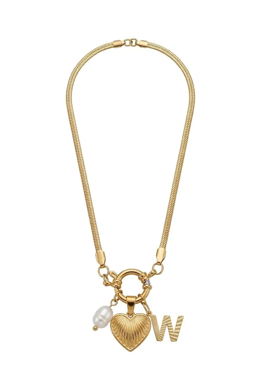 A gold-tone snake chain necklace featuring a heart-shaped charm, a small pearl bead, and a letter 'W' initial pendant, displayed on a clean white background.