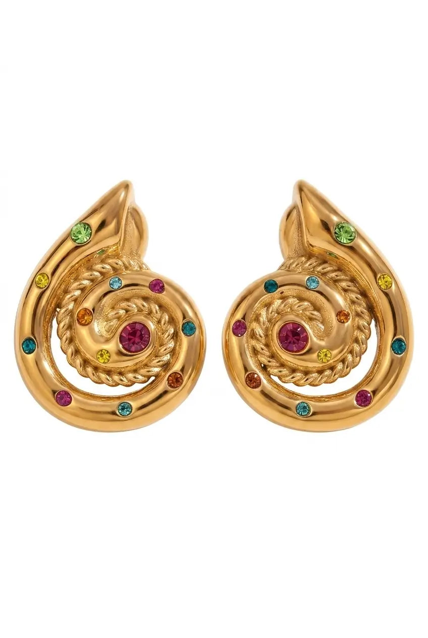 A pair of gold teardrop-shaped earrings with a coiled spiral design, accented by small multicolored gemstones, shown on a plain white background.