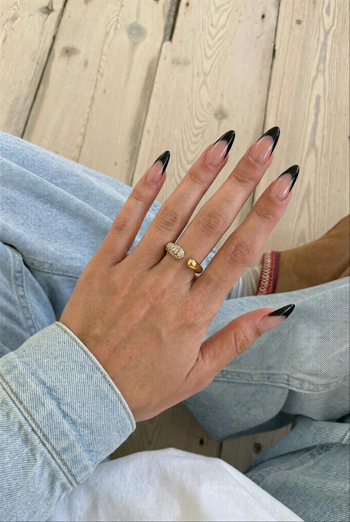 Half pavé open ring worn on finger — YUBAMA waterproof gold adjustable ring