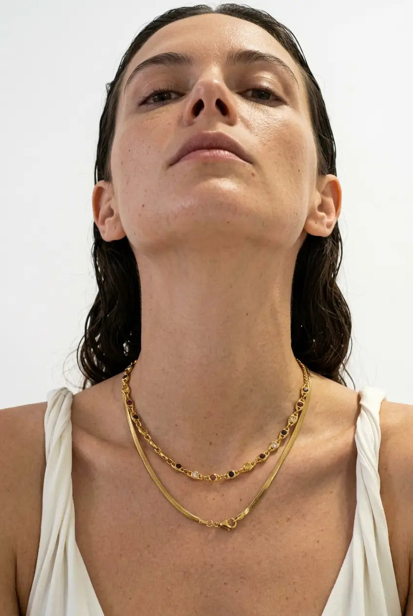 Rainbow crystal chain necklace lifestyle — YUBAMA waterproof multicolor crystal necklace