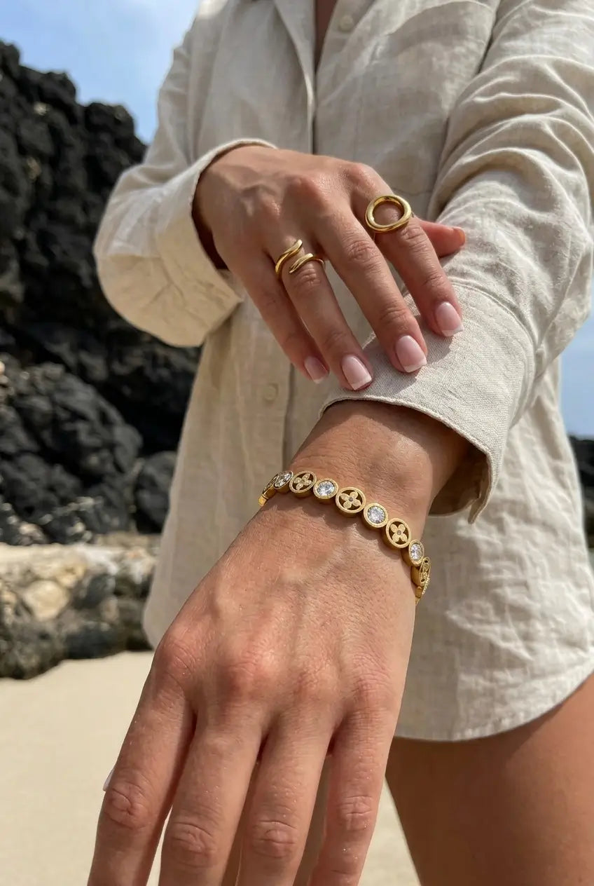 Crystal flower hinged bangle coastal lifestyle — YUBAMA waterproof gold flower bangle