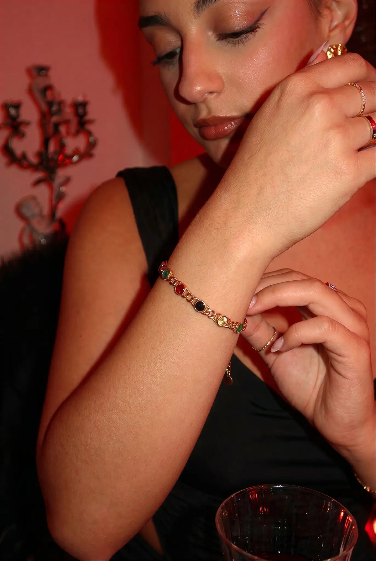 Rainbow crystal chain bracelet evening lifestyle — YUBAMA waterproof multicolor crystal bracelet