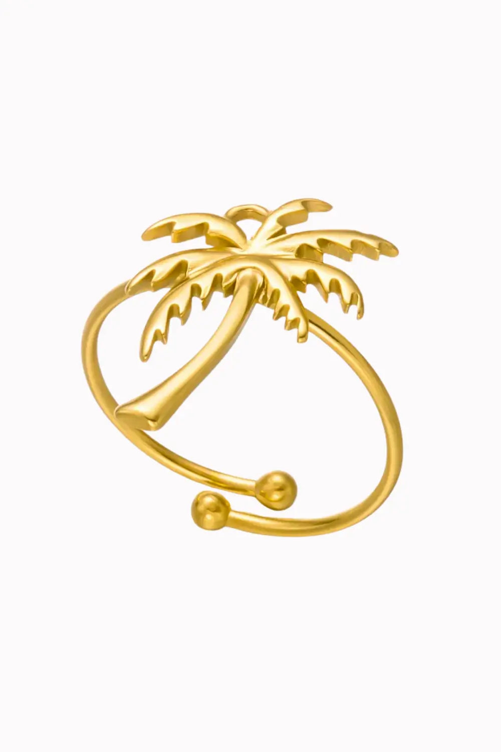 A gold-toned open ring earring shaped like a palm tree, featuring a curved band with two small bead-like ends and a detailed palm frond top, shown on a plain white background.