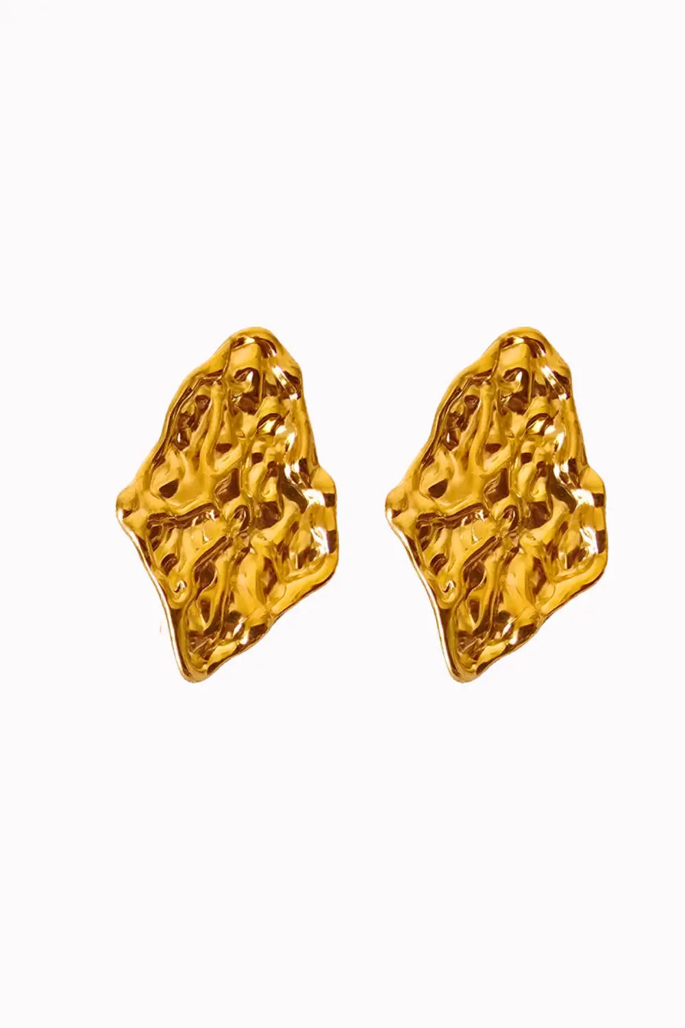 A pair of textured gold earrings with an organic, irregular shape, displayed on a clean white background.