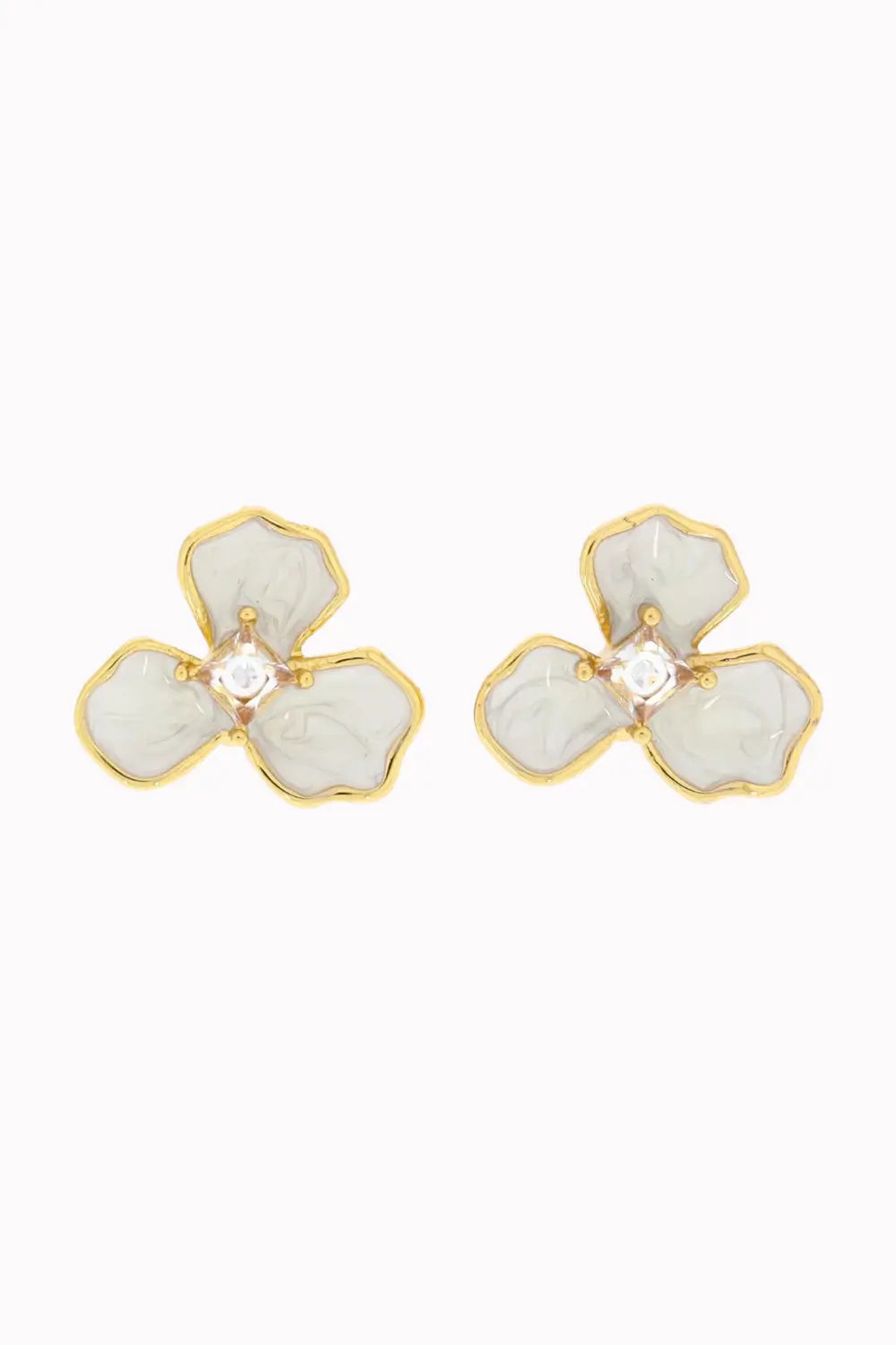 A pair of gold-tone stud earrings shaped like four-petal flowers with pale green enamel petals and a clear rhinestone in the center, shown on a plain white background.