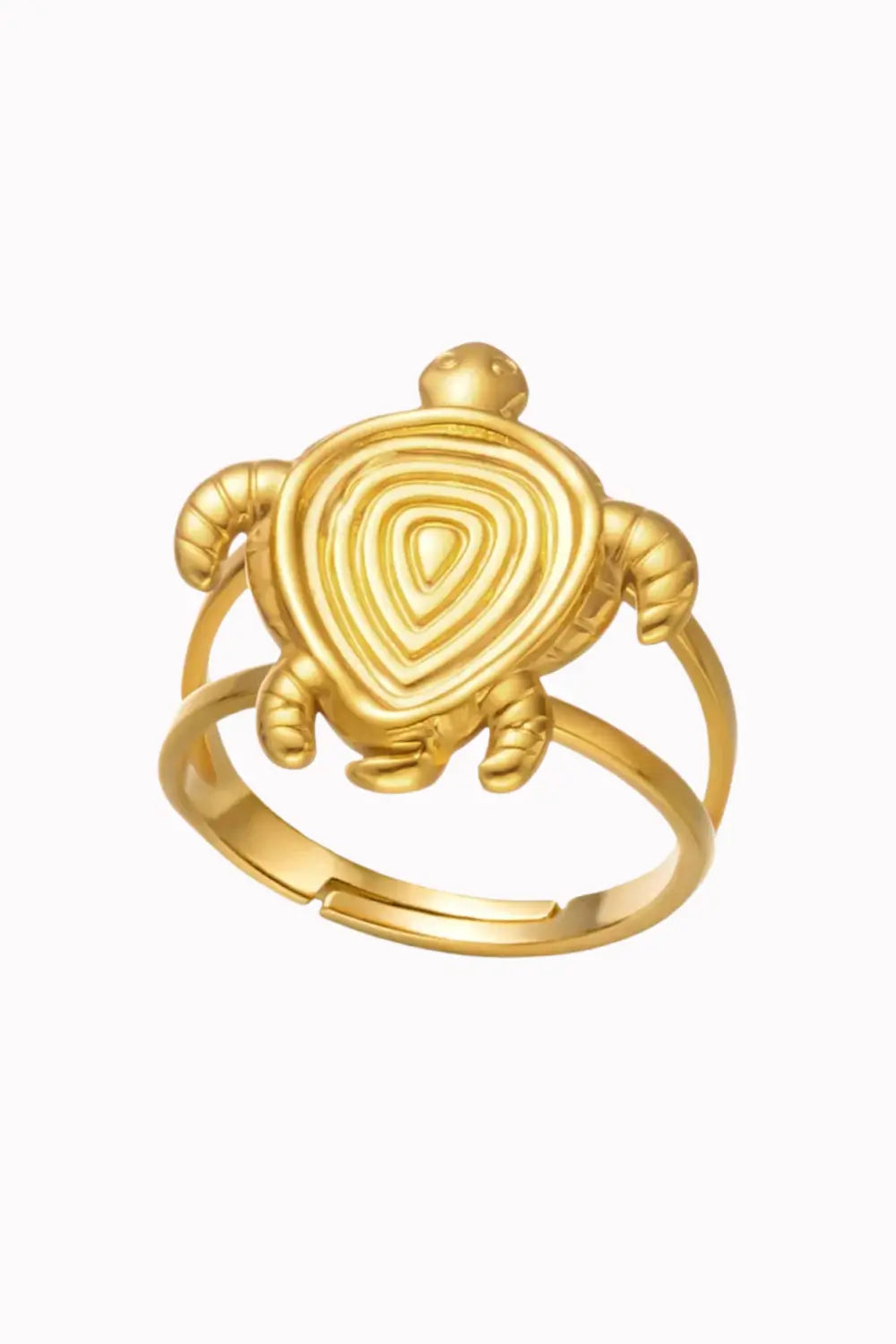 A gold turtle ring with a textured, concentric shell design and an adjustable split band, shown on a plain white background.