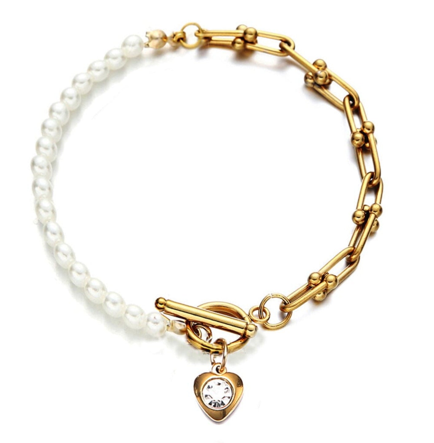 Simple Stainless Steel U-shaped Chain Pearl Stitching Bracelet braclet Yubama Jewelry Online Store - The Elegant Designs of Gold and Silver ! ALAD364 Gold 
