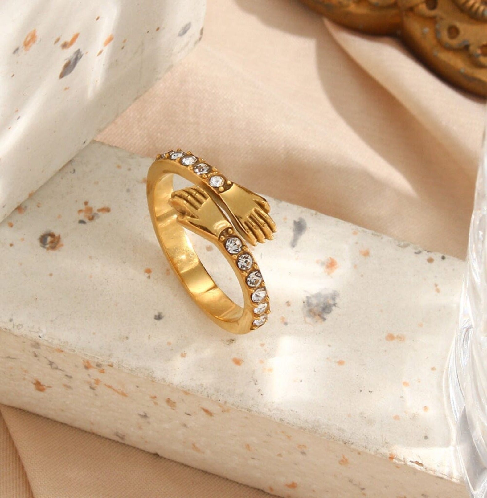 Stainless Steel Hands Hugging Zircon Adjustable Ring ring Yubama Jewelry Online Store - The Elegant Designs of Gold and Silver ! 