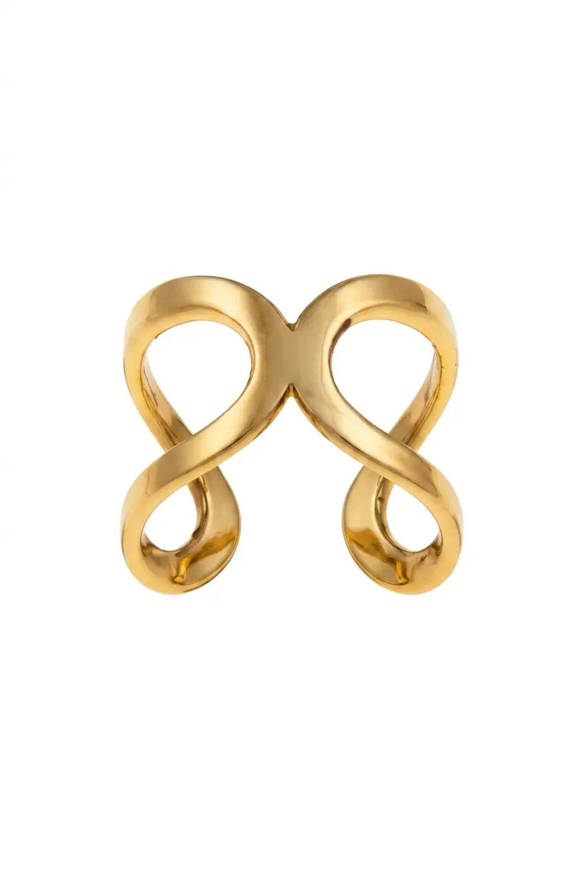 A gold infinity symbol ring with a polished finish, centered on a plain white background.