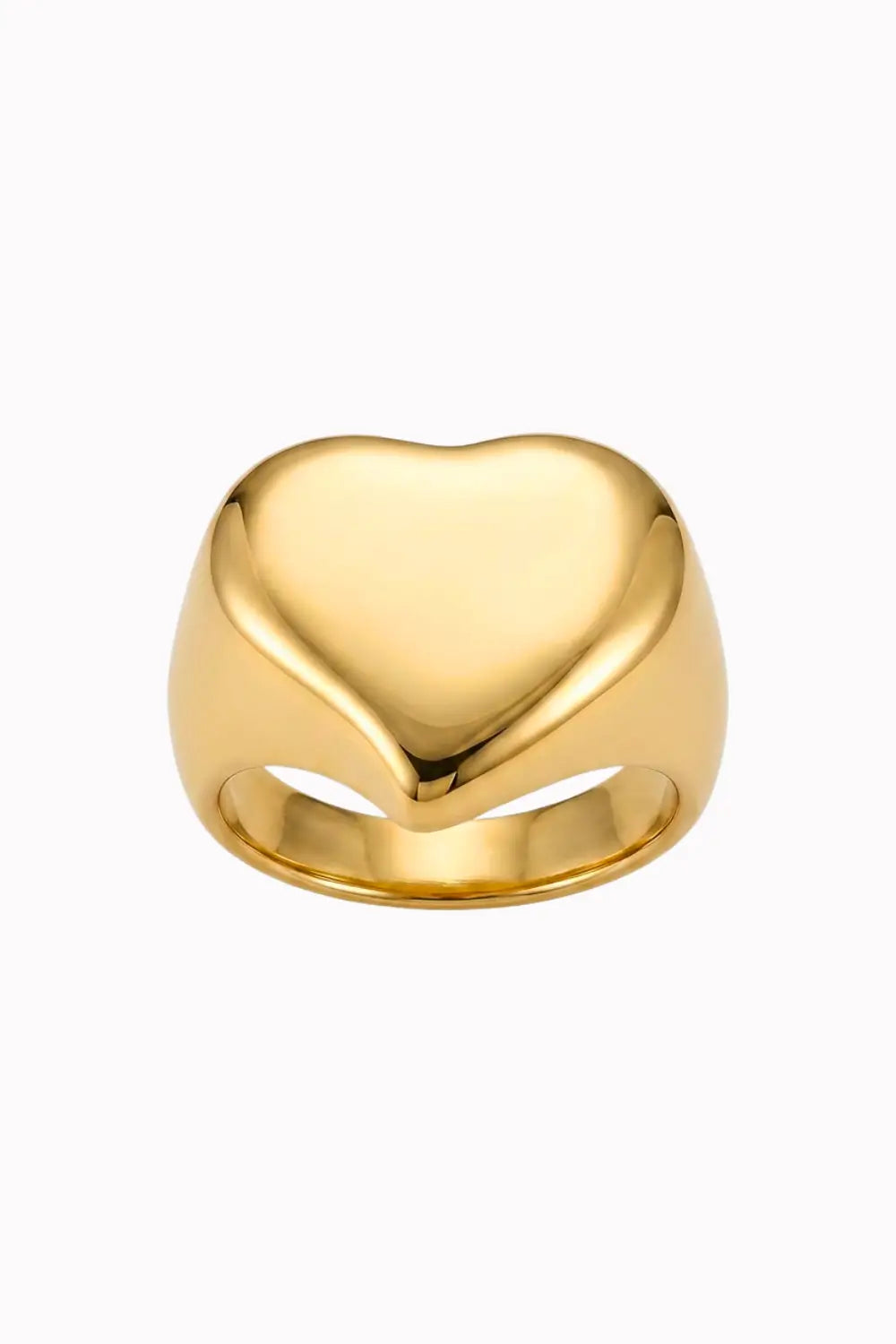 A polished yellow gold signet ring with a rounded, heart-shaped face, shown on a clean white background.