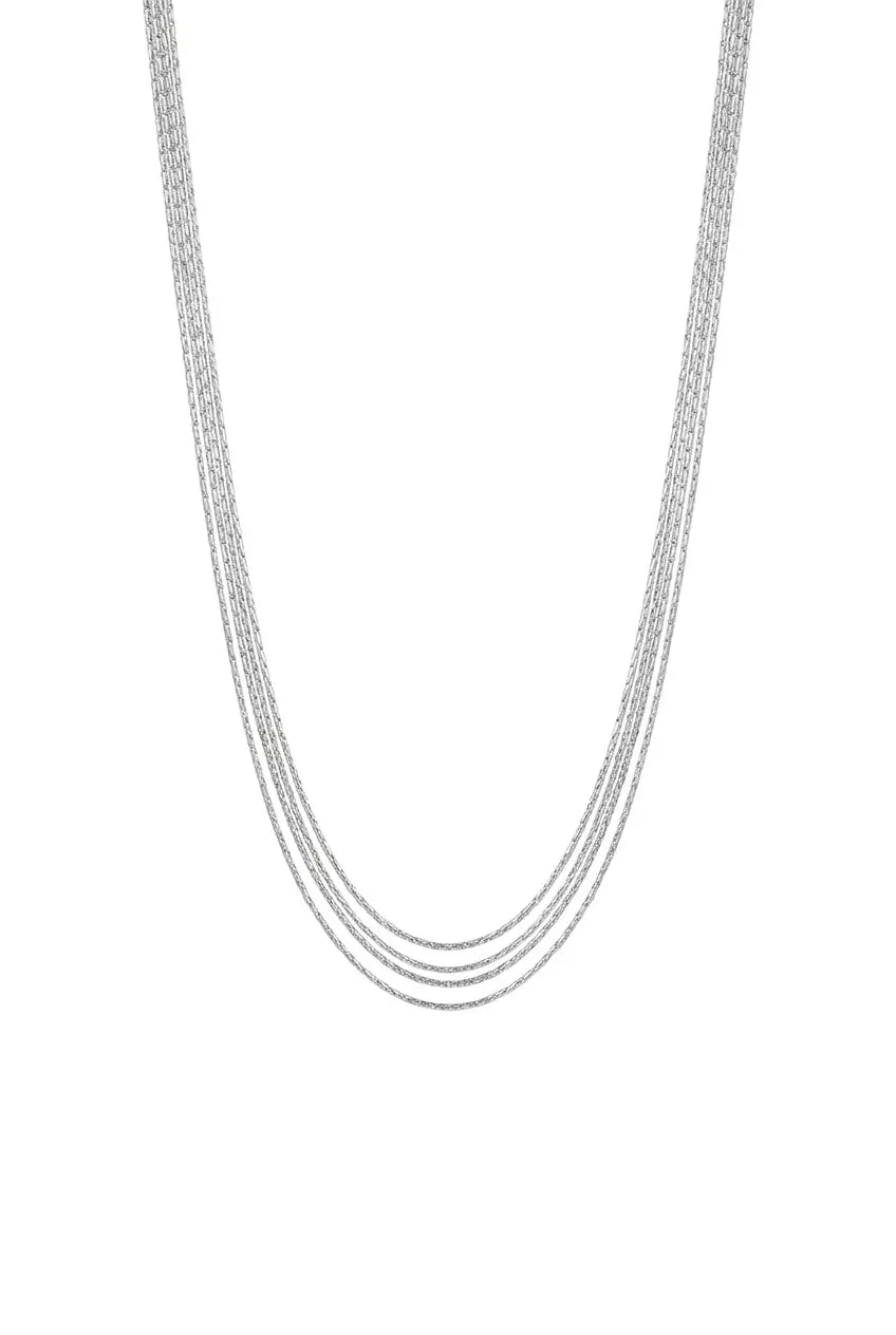 A multi-strand silver snake chain necklace, shown hanging in a U-shape against a plain white background.
