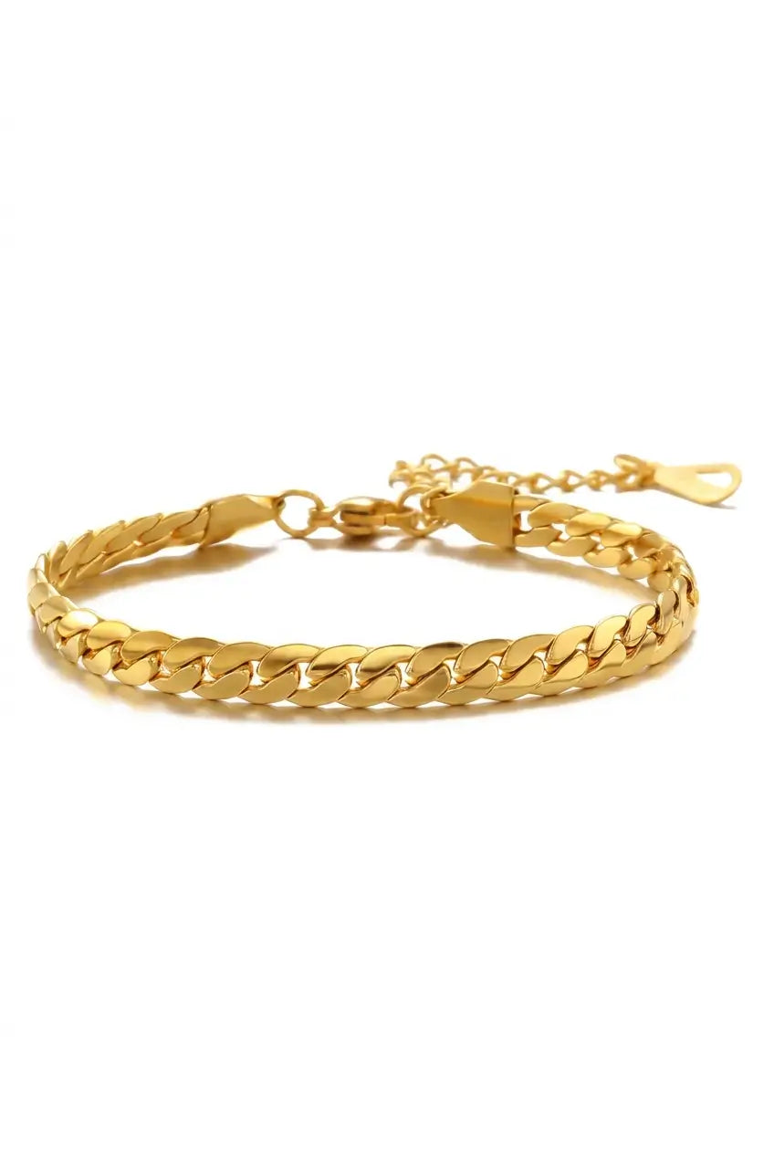 A gold-toned braided curb link bracelet with a lobster clasp and extension chain, shown on a plain white background.