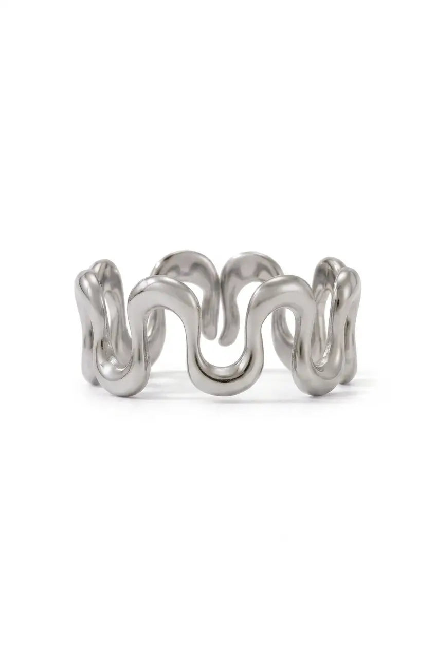 Fluid wave ring silver — YUBAMA 316L stainless steel adjustable ring