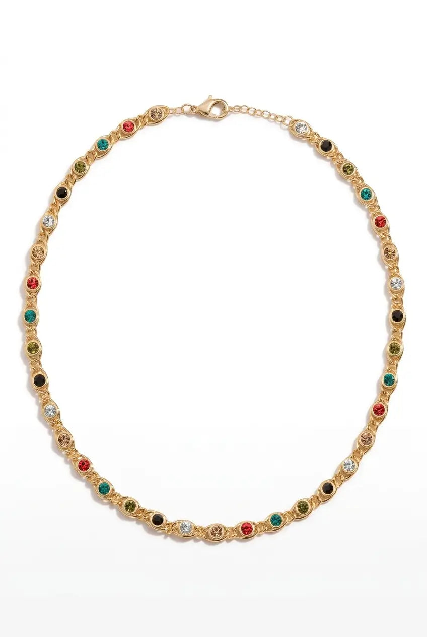 Rainbow crystal chain necklace gold — YUBAMA waterproof 316L stainless steel necklace