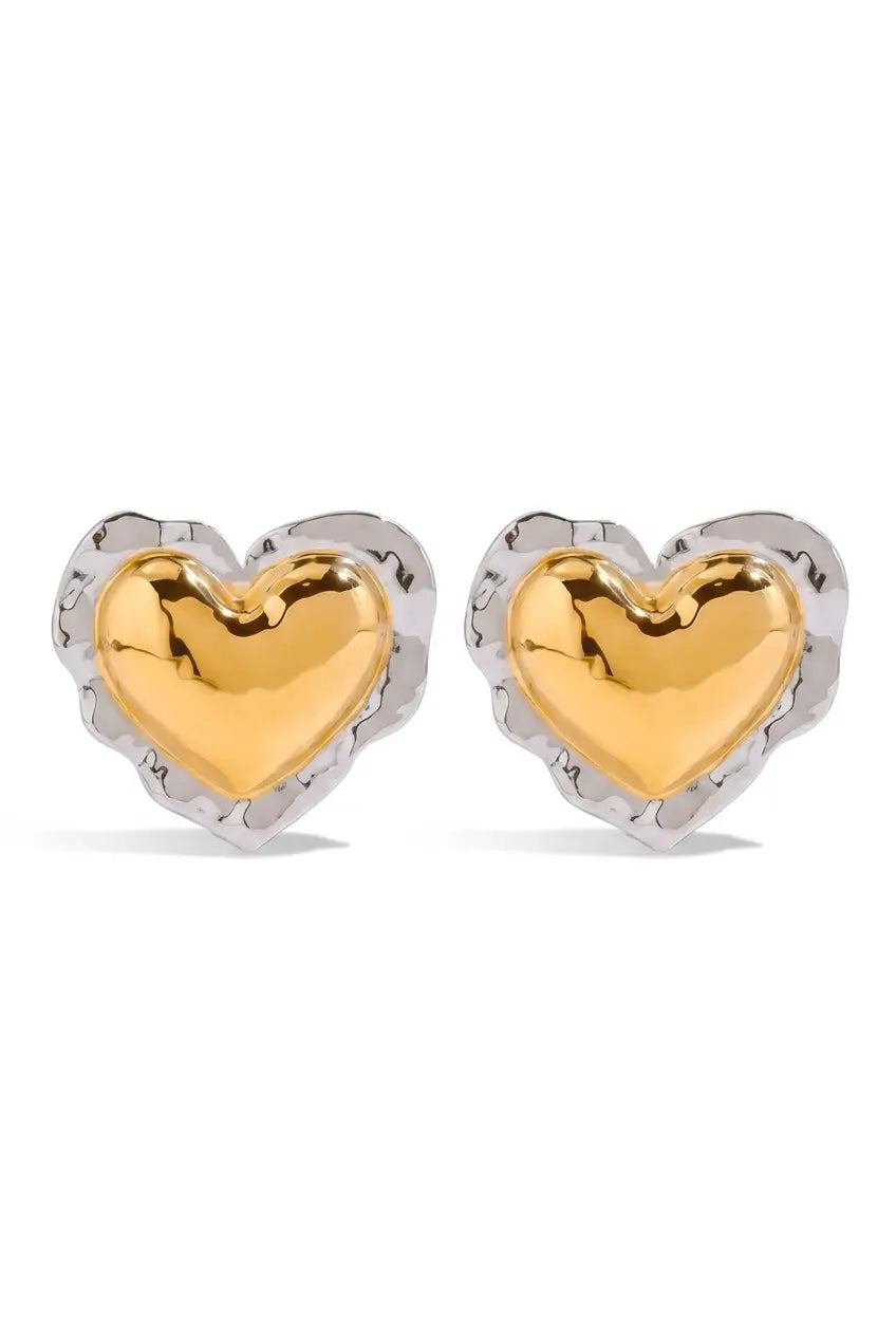 Bold hammered heart stud earrings gold silver — YUBAMA waterproof 316L stainless steel studs 1 pair

