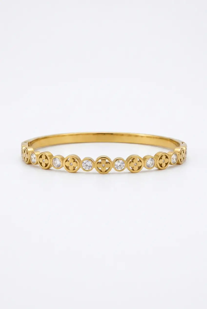 Crystal flower hinged bangle gold — YUBAMA waterproof 316L stainless steel bangle