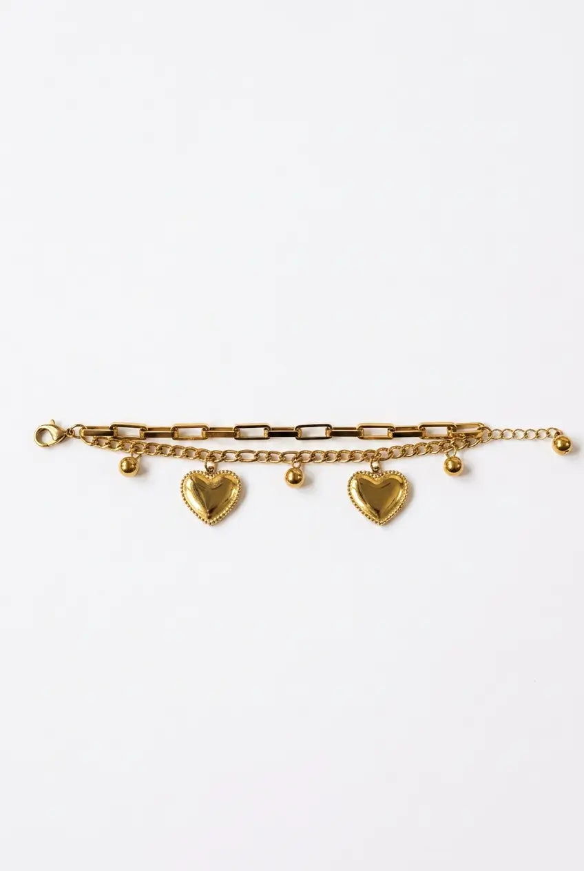 Layered heart charm bracelet gold — YUBAMA waterproof 316L stainless steel bracelet