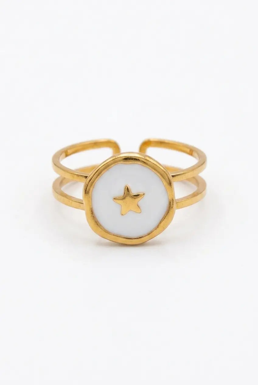 Star enamel disc ring white gold — YUBAMA waterproof 316L stainless steel adjustable ring