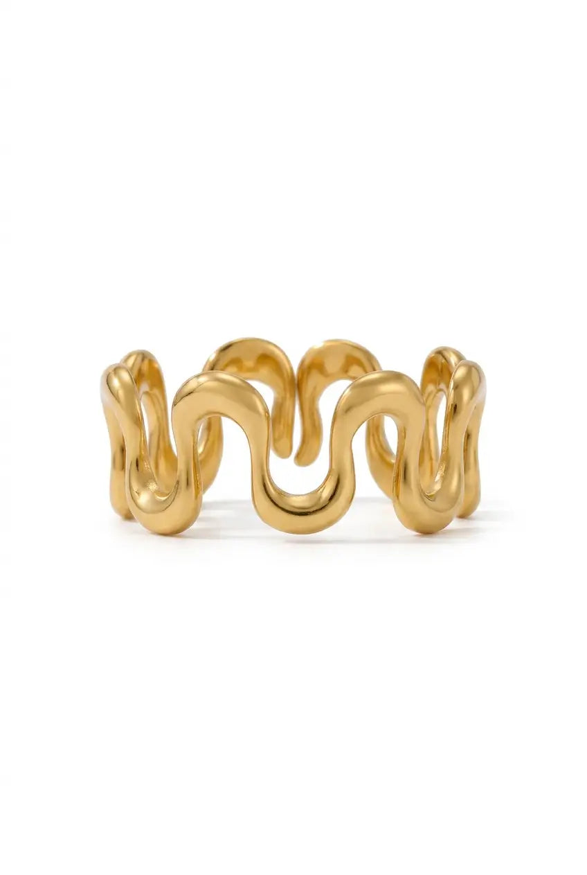 Fluid wave ring gold — YUBAMA waterproof 316L stainless steel sculptural ring