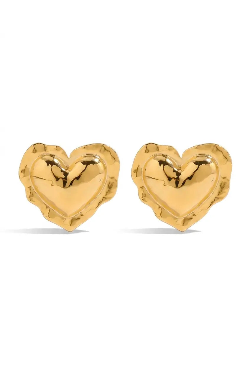 Bold hammered heart stud earrings gold pair — YUBAMA waterproof heart stud earrings