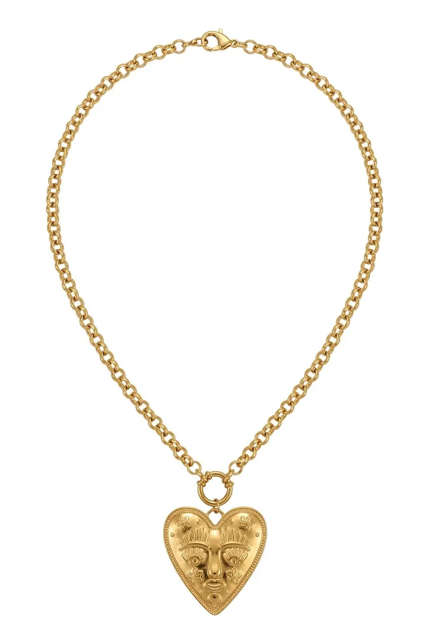 Engraved face heart pendant necklace gold — YUBAMA 316L stainless steel 61cm necklace