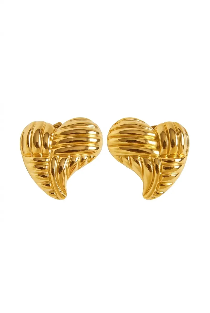 Woven heart stud earrings gold — YUBAMA waterproof 316L stainless steel studs 1 pair
