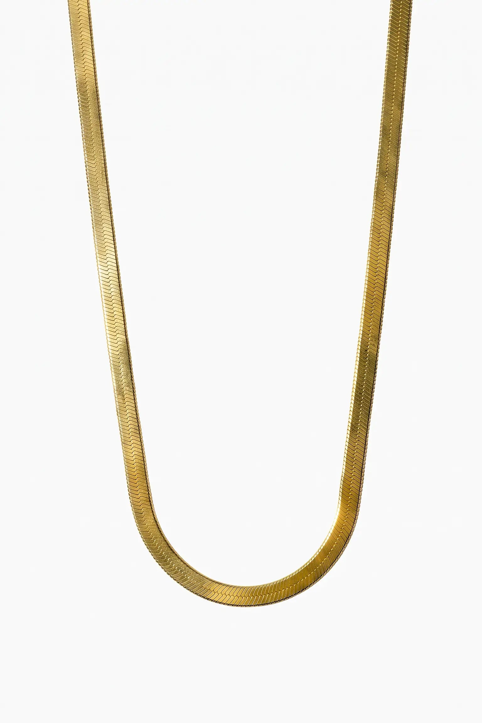 A close-up of a gold-toned snake chain necklace draped in a U-shape against a plain white background.