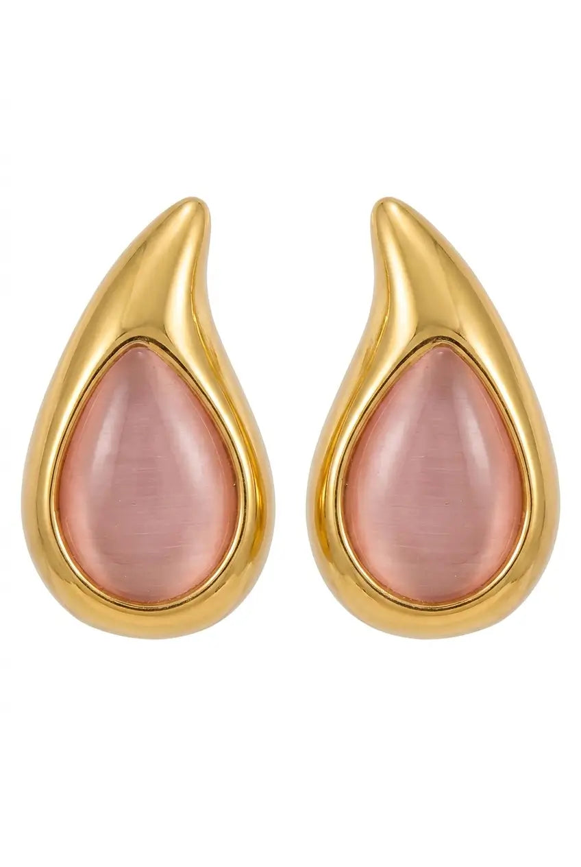 A pair of gold teardrop-shaped earrings with smooth, polished pink mother-of-pearl inlays, shown against a plain white background.