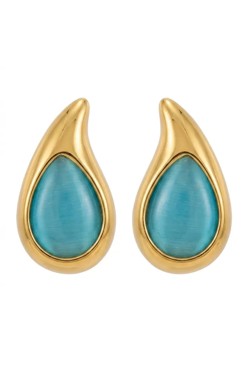 A pair of gold teardrop-shaped stud earrings with smooth, polished turquoise-blue stone inlays, shown against a plain white background.
