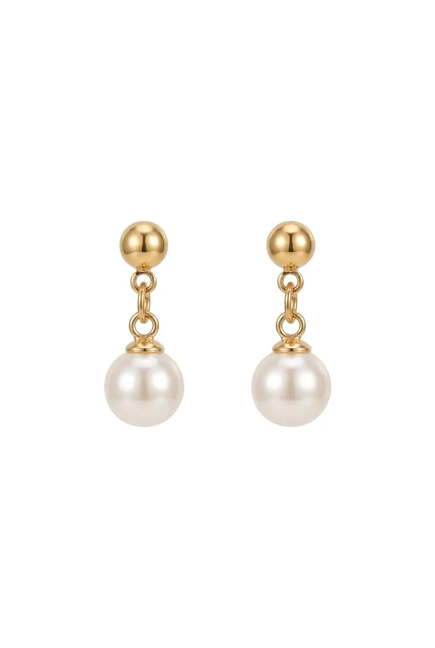 A pair of gold drop earrings featuring a small gold ball stud, a delicate gold chain, and a round white pearl dangle, shown against a plain white background.