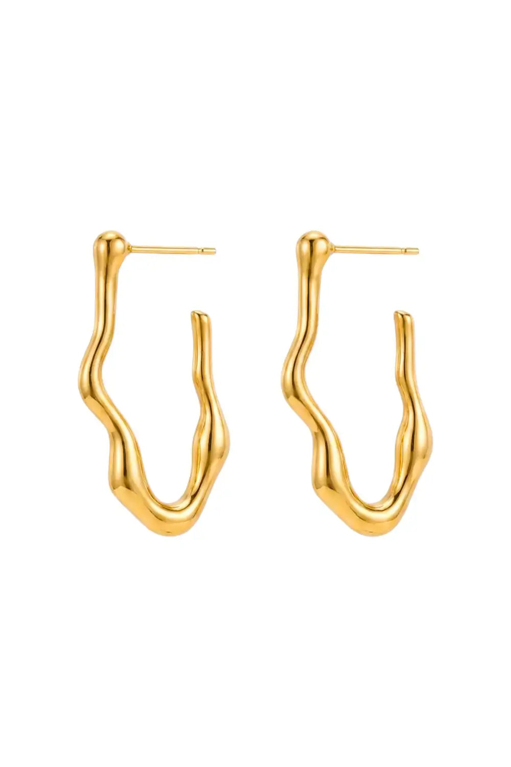 A pair of gold wavy hoop earrings with post backs, shown on a plain white background.