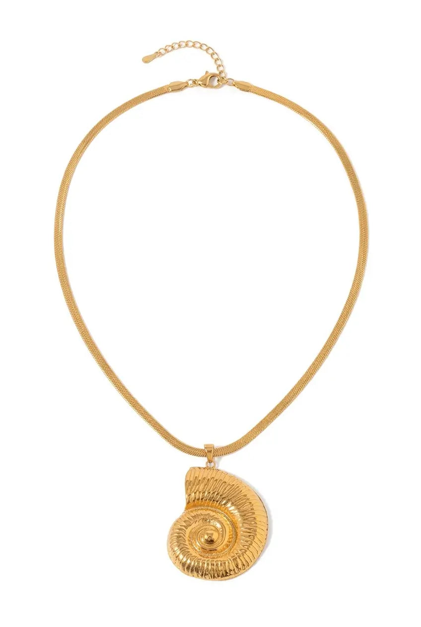 A gold-toned snake chain necklace featuring a textured spiral shell pendant, displayed against a solid white background.