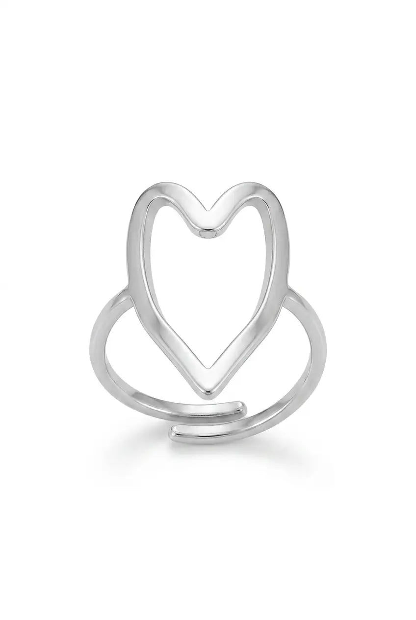 A polished silver-toned open heart ring with a smooth, polished finish, centered on a clean white background.